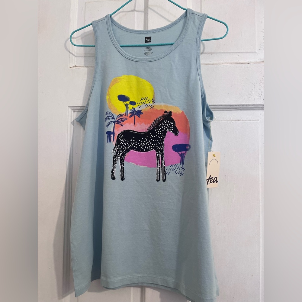 NWT Tea Collection Light Blue Tank with Sunset Zebra Graphic in size 16